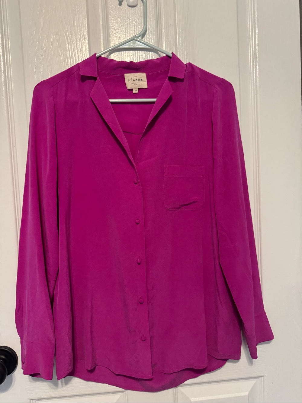 Sezane Magenta Silk Button-Down Blouse
